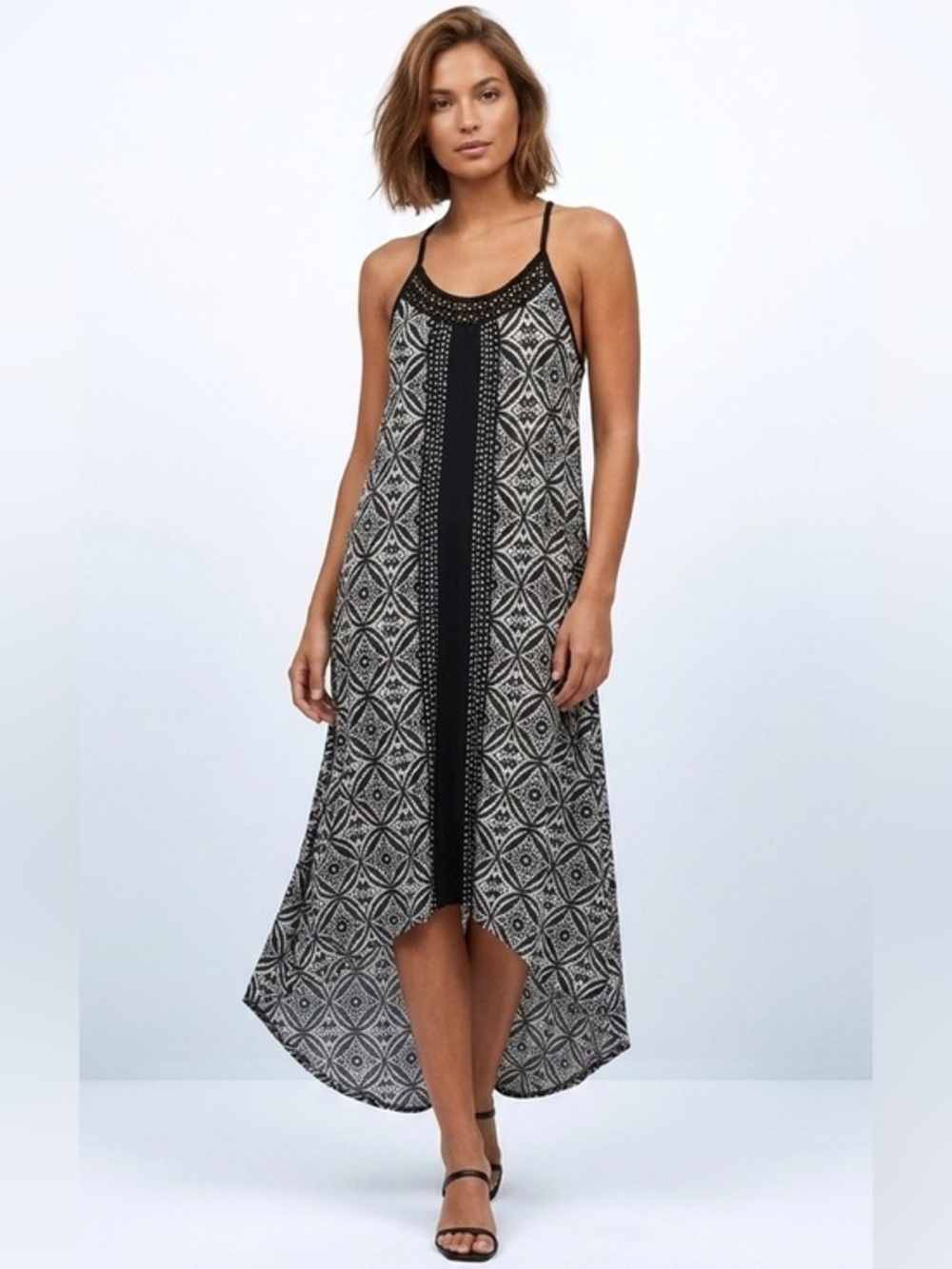 Lucky Brand Black & White Halter Patterned Maxi Dress Size Medium
